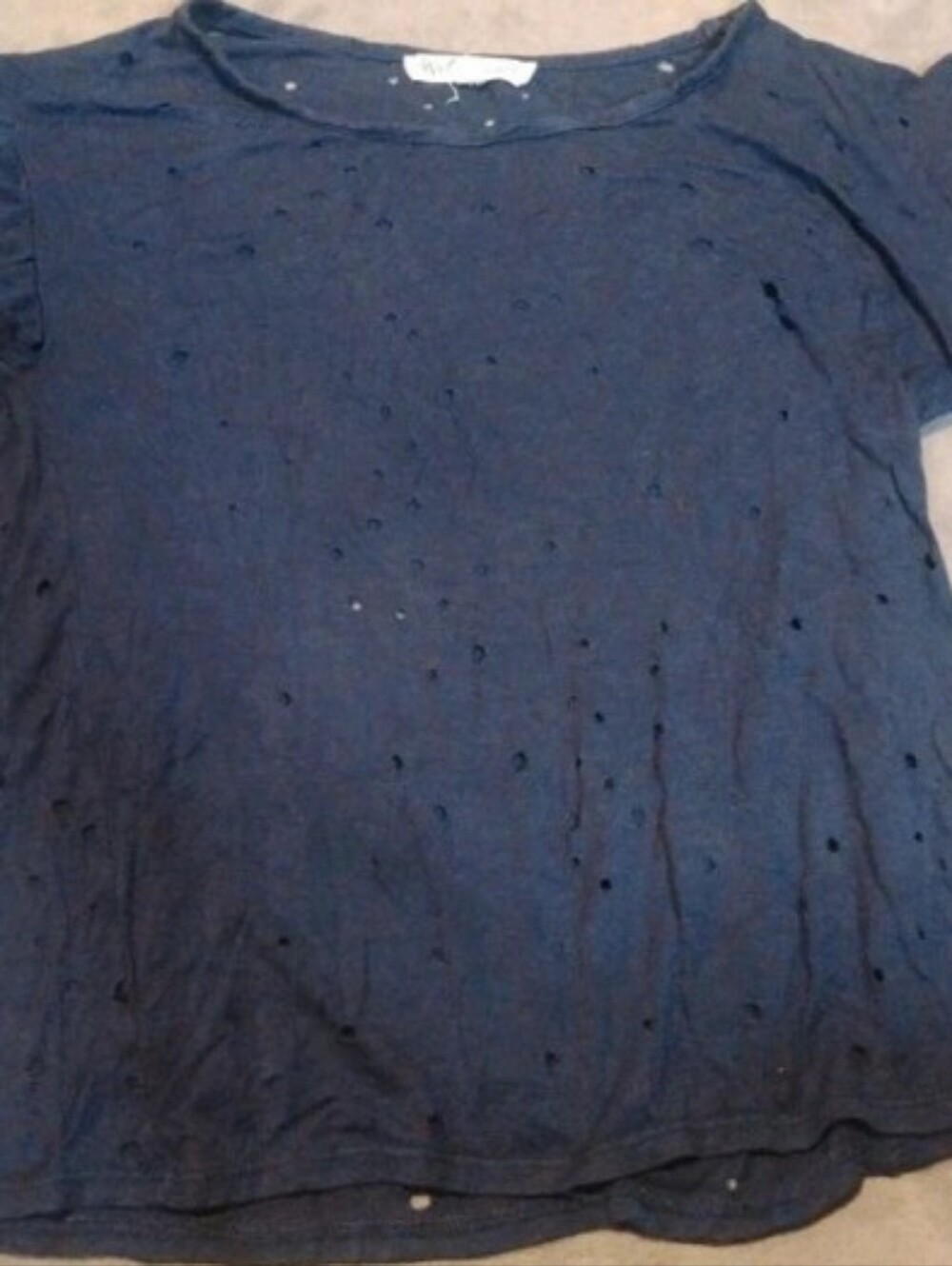 WallFlower Navy Blue Distressed Ruffle Sleeve T-Shirt Top - Small